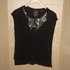 Rock & Republic Black Stretchy Short Sleeve Top Sequin Detail Large